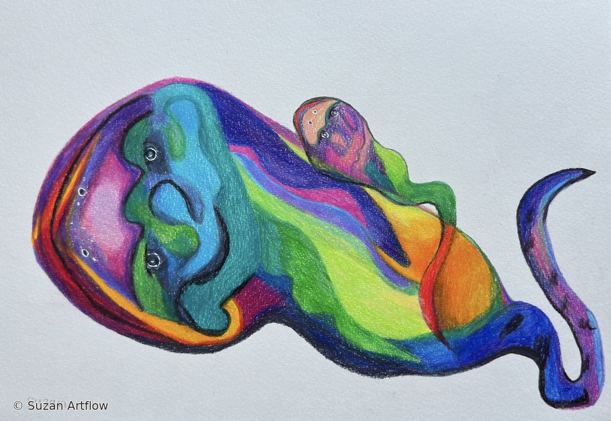 Two embracing animals with expressive eyes and flowing turquoise, green, pink, orange and violet forms on a pale background