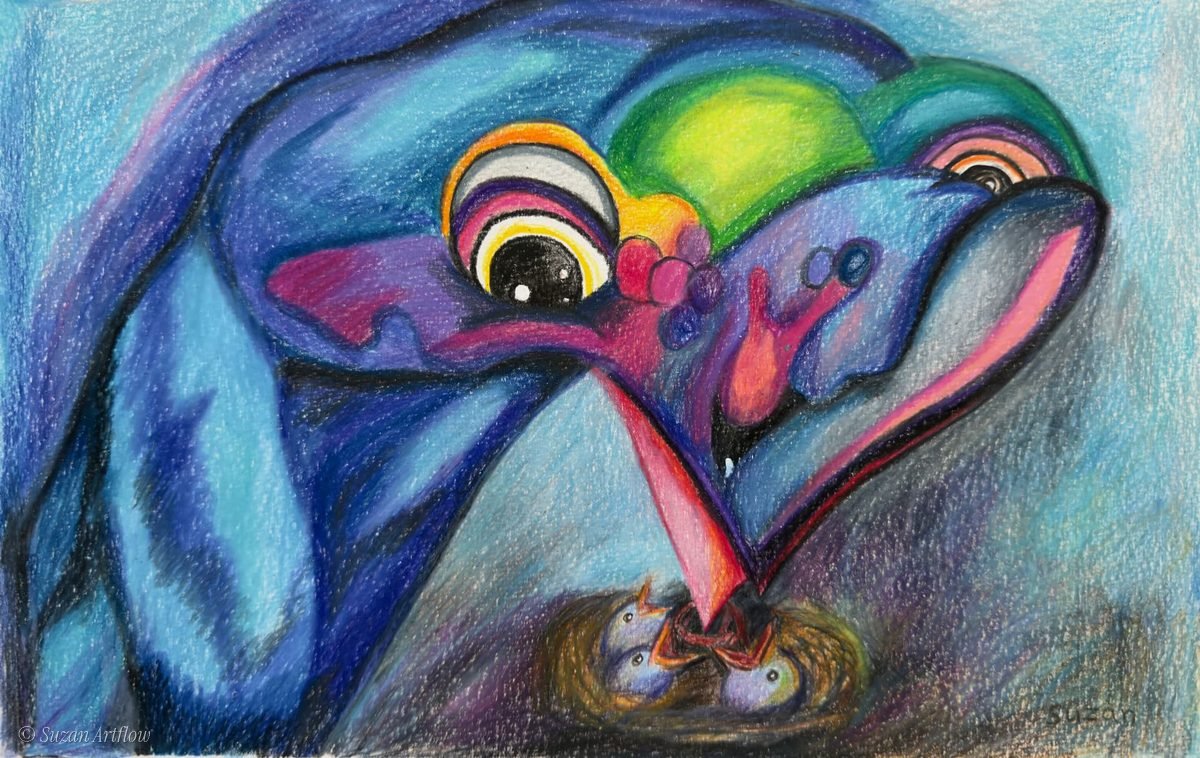 Blue bird with rainbow-ringed eyes feeding chicks in a nest, drawn in bold pastel