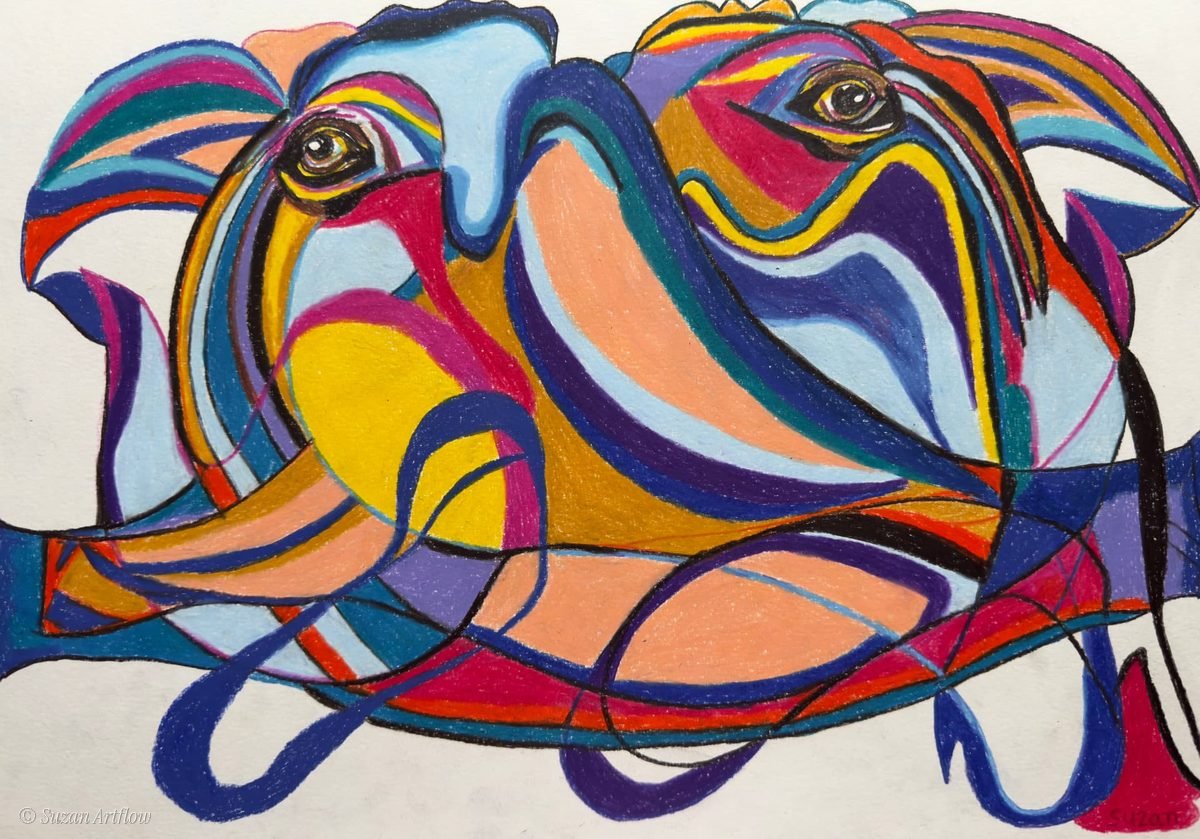 Two bird-like creatures facing each other, woven from sweeping ribbons of blue, yellow, orange and pink
