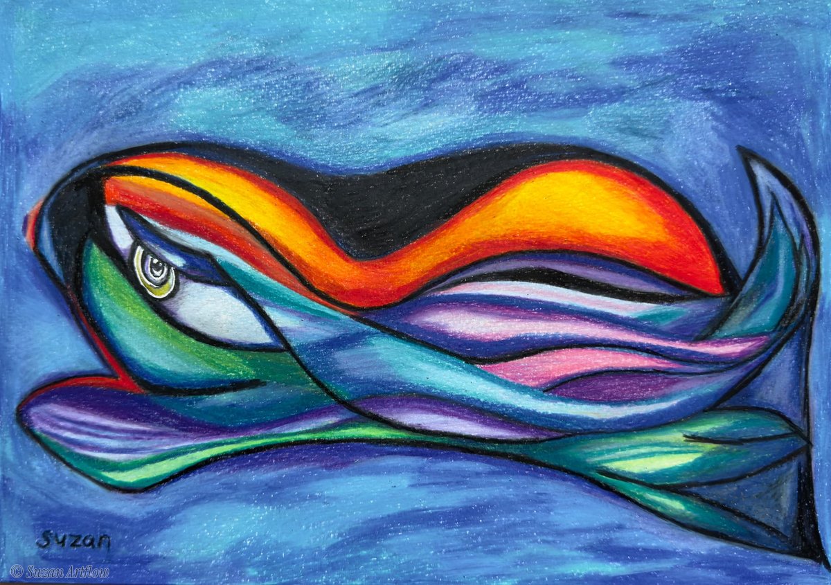 Long flowing sea creature with a big eye and a blazing orange stripe, swimming through deep blue waves