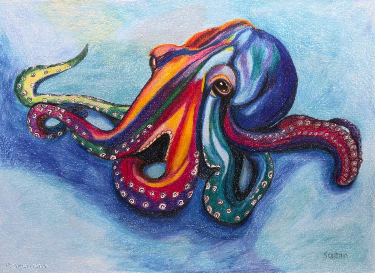 Rainbow octopus with curling suckered arms on a turquoise sea background