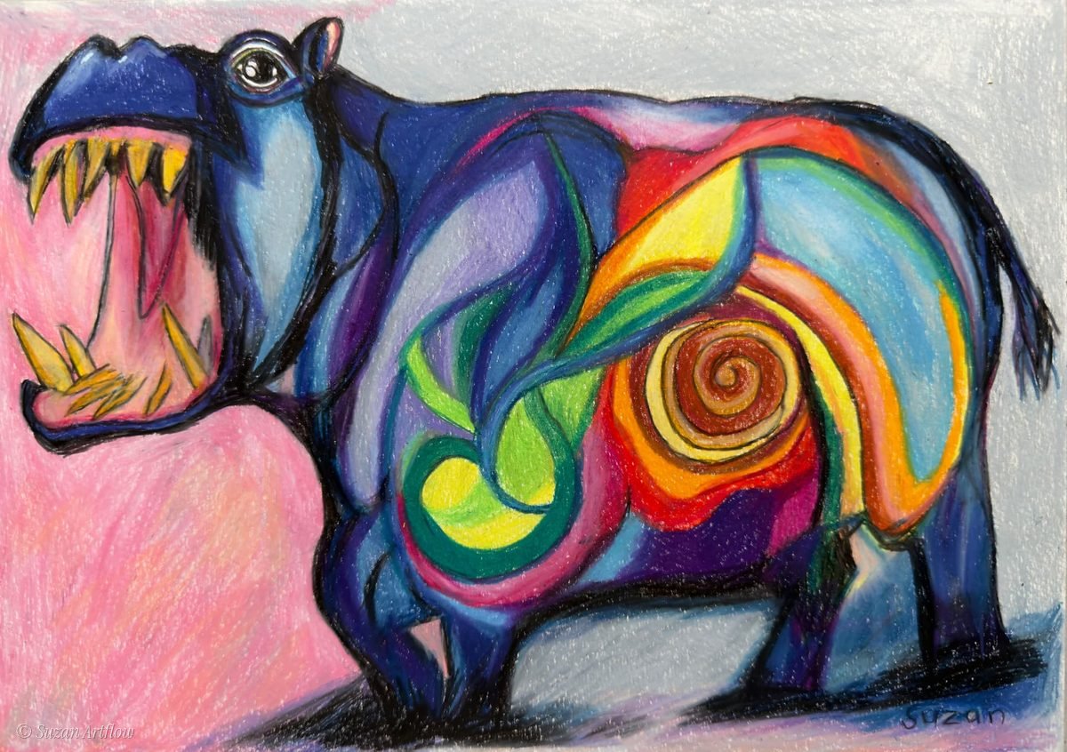 Hippo with a wide open mouth and golden teeth, its body alive with swirling rainbow patterns against pink and grey