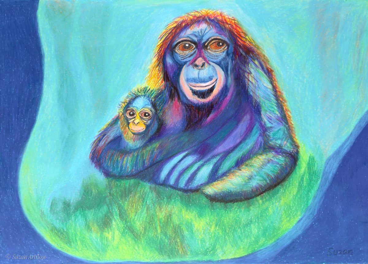 Orangutan mother cradling her baby in a curved blue and green embrace