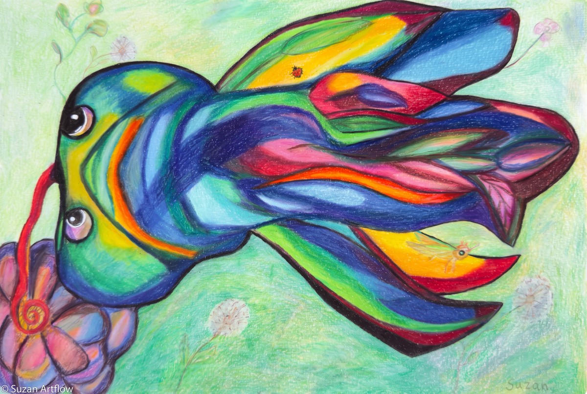 Rainbow creature with a petal tail and long red tongue reaching toward a flower, among dandelion seed heads