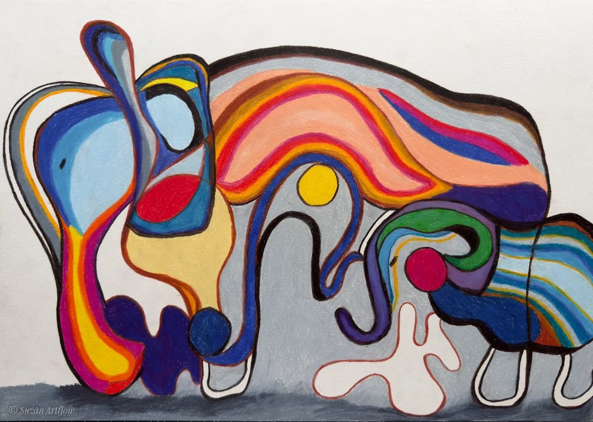 Two abstract elephant-like figures built from flowing rainbow ribbon bands in grey, blue, yellow and magenta, outlined in black on a white background
