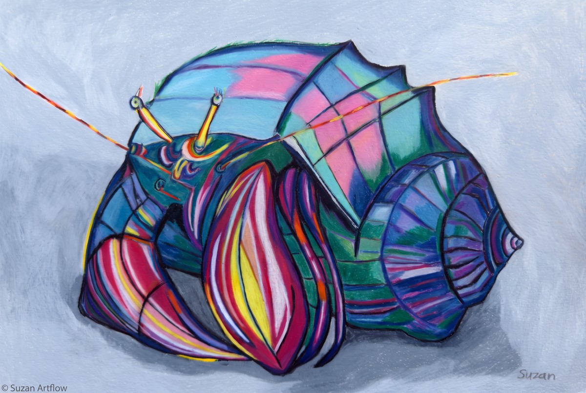 Hermit crab with bright striped claws, long antennae and a spiralling shell in blue, green, pink and purple on a pale blue background