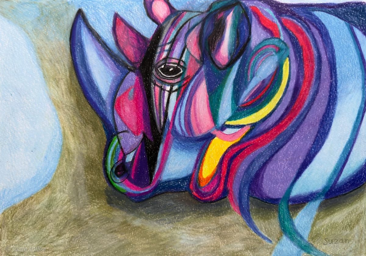 Rhino head in violet, blue and pink with sweeping ribbons of color against a soft blue sky