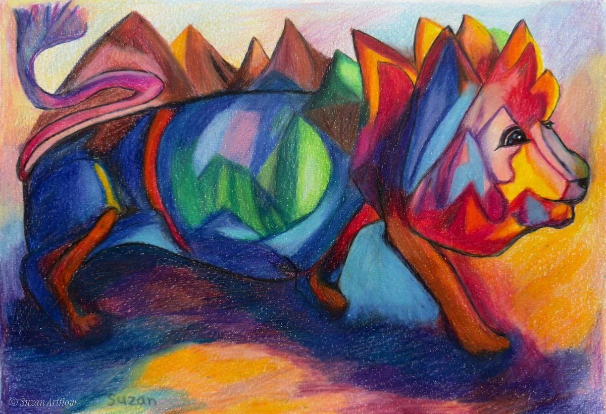 Lion with a fiery striped mane standing before rainbow mountains in bold wax pastel