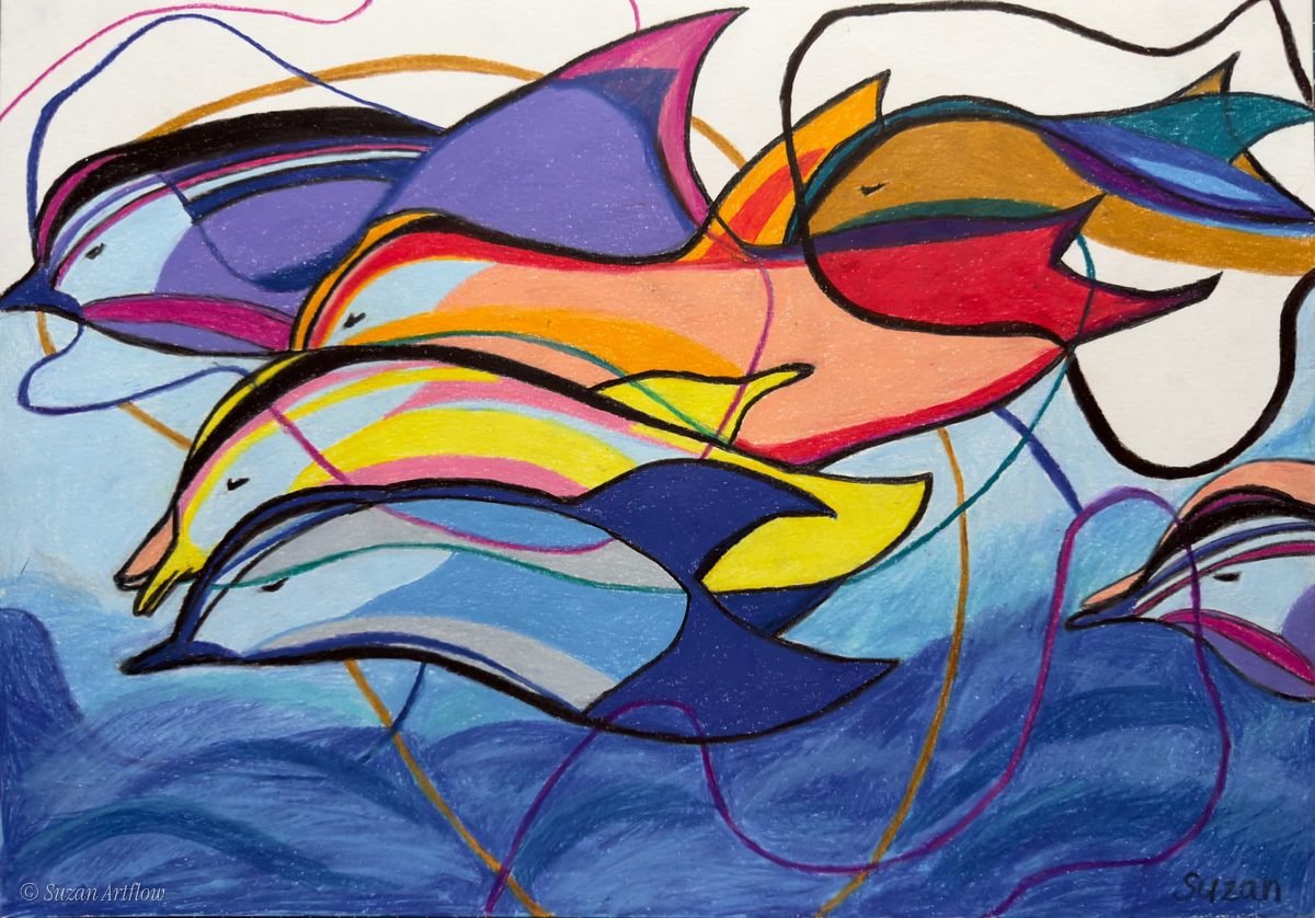 A pod of dolphins leaping through waves in bold rainbow stripes of red, yellow, blue and purple