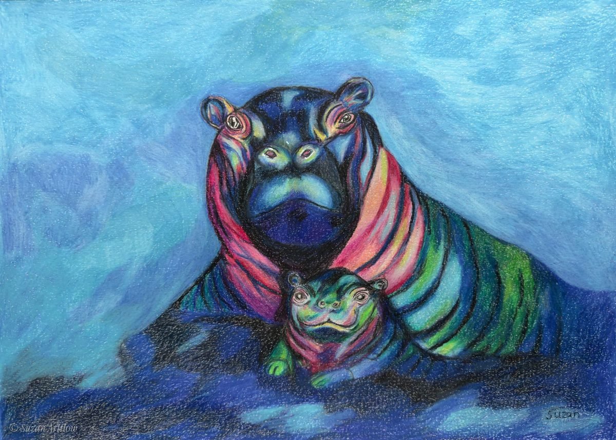 Mother hippo and her baby in vivid blue, pink and green stripes against a bright blue background
