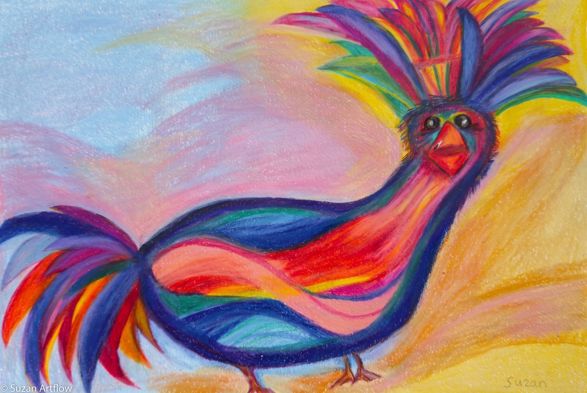 Rainbow crested bird with a fan-like headdress and sweeping plume tail in deep blue, violet, red and orange, against a soft blue, pink and warm yellow pastel background