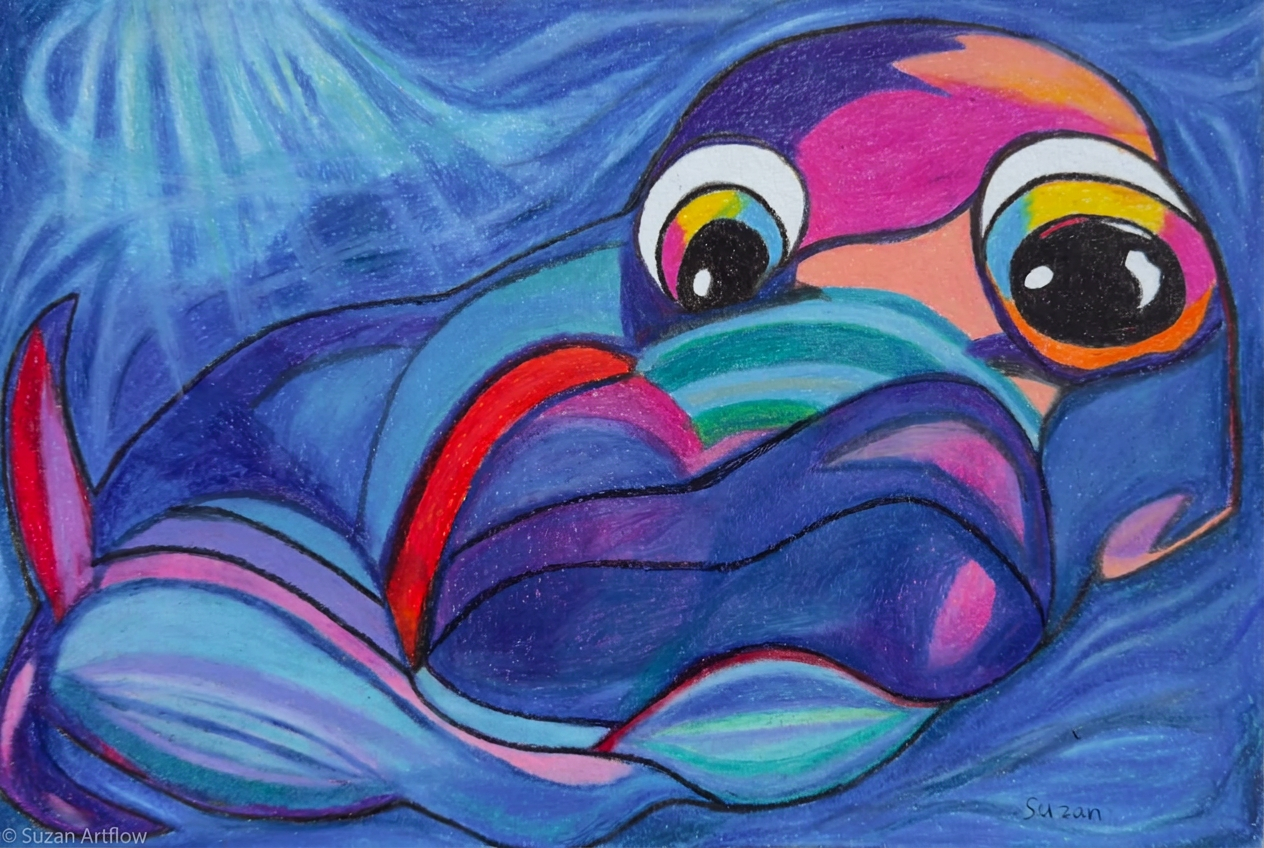 Wide-eyed blue and pink creature with two large round eyes, swimming through deep blue waves with a red fin