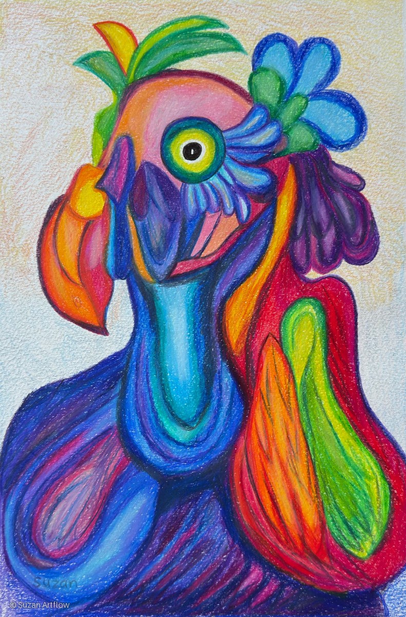 Wax pastel drawing of a rainbow bird-like creature with a blue flower crest, green plume and orange beak
