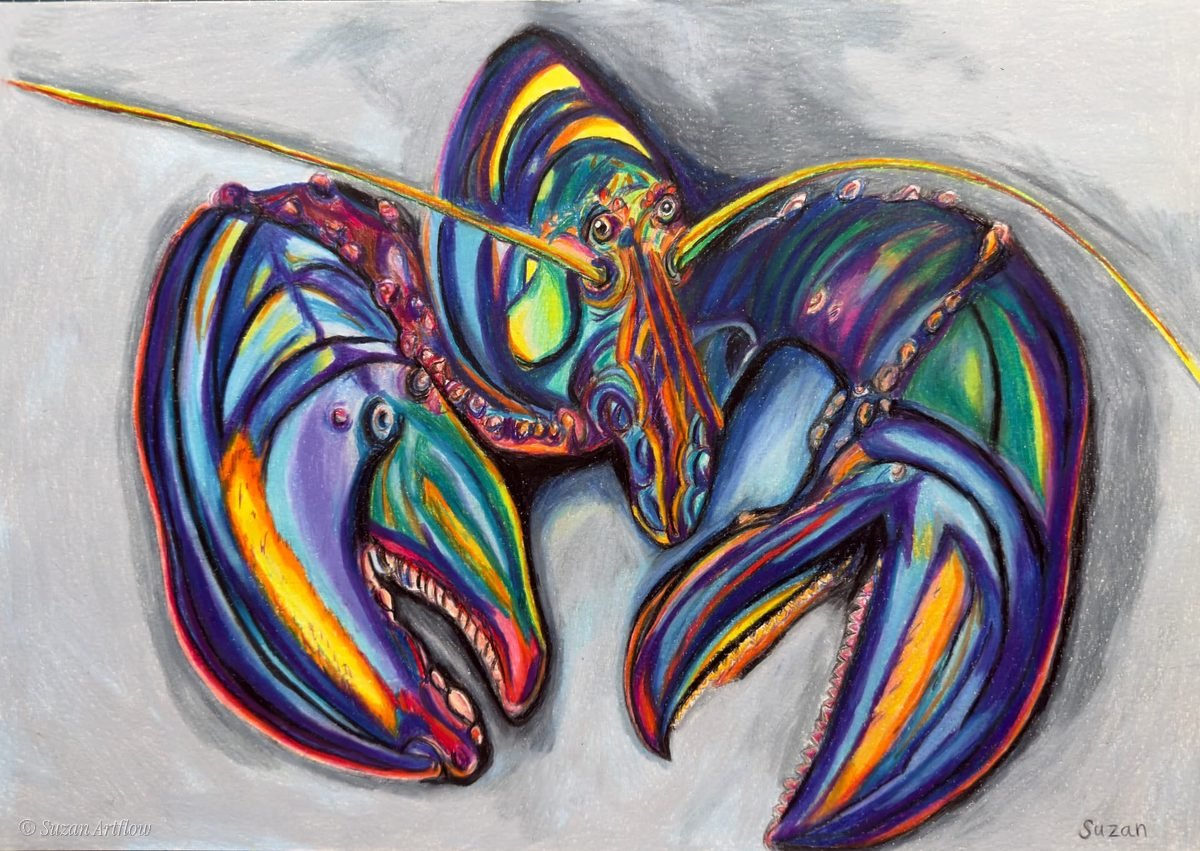Lobster with spread claws in swirling blues, purples and greens against a soft grey background