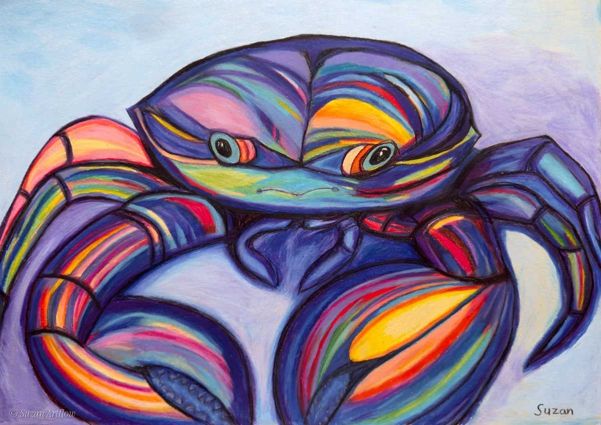 Crab with a striped rainbow shell and bright claws, peering out in blues, purples and pinks
