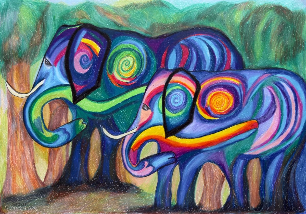 Two elephants drawn in vivid blue, pink and green with spiralling patterns among trees