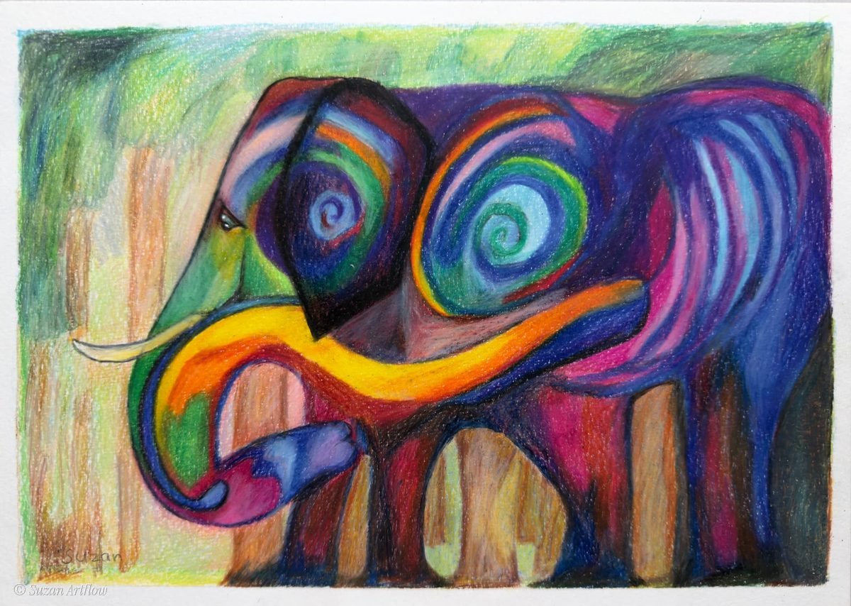 Elephant with a swirling spiral eye in vivid blues, greens and rainbow colors, walking through a forest