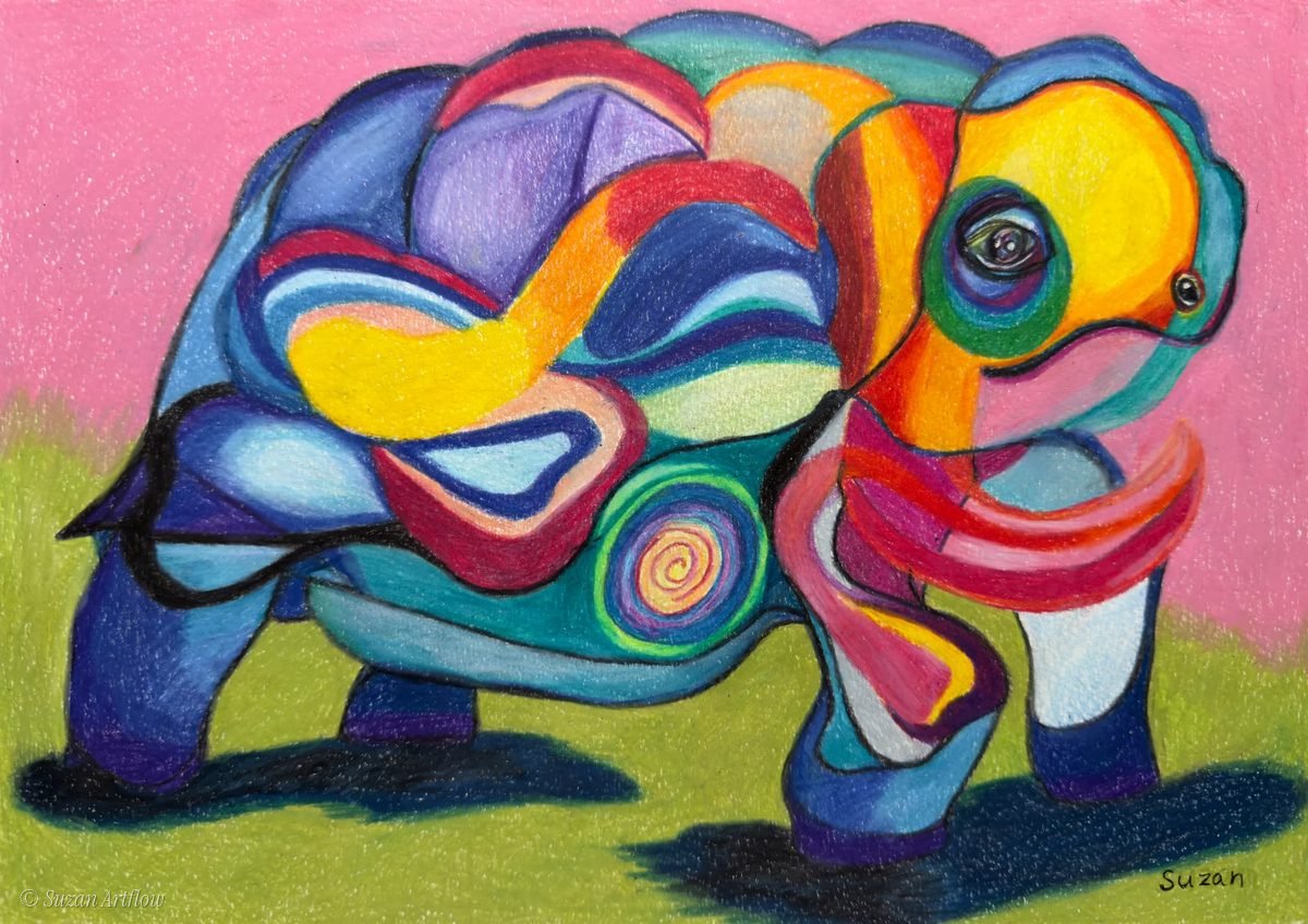 Colorful turtle with a rainbow-patterned shell and a yellow face, walking on green grass against a pink sky
