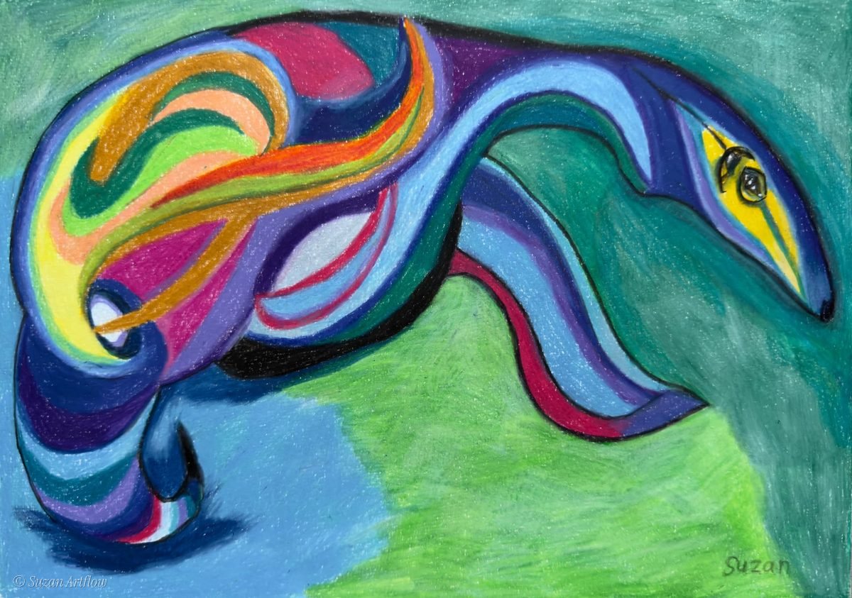 Anteater in flowing ribbons of blue, green and rainbow color, leaning down on a green and turquoise background